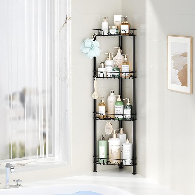 SWTYMIKI Standing Shower Caddy Corner - 4‑Tier Stainless Steel Shower Organizer Shelf with 16 Hooks and Adhesive Pads, Rustproof Corner Shelves Stand Rack for Bathroom Shower Room, Black