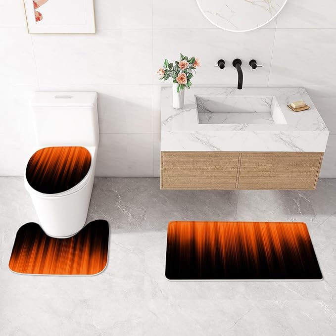 Litabel 4 Pcs Orange and Black Gradient Shower Curtain Set with Rugs and Toilet Lid Cover, Modern Simple Waterproof Fabric Bathroom Set, Ombre Stripe Gothic Abstract Bathroom Decor Set Accessories