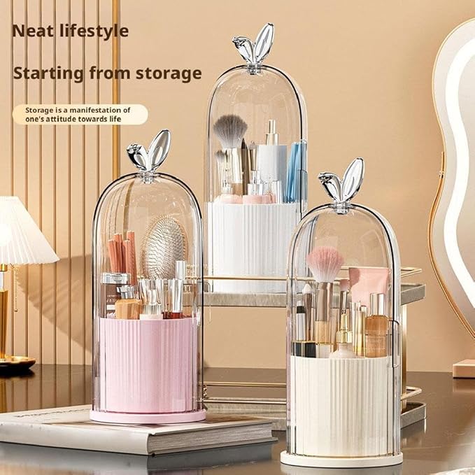 Makeup Brush Holder Organizer with 360?? Rotating Lid,Concealed Toothbrush Holder,3 Slots Bathroom Organizer Countertop for Vanity Desktop, Clear Cover Easy Visibility