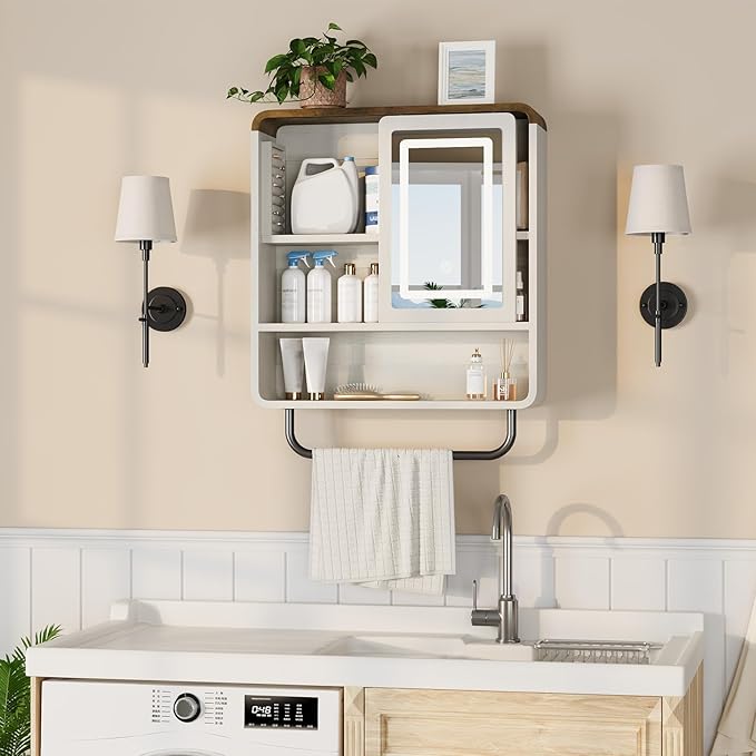 QUW Modern Bathroom Wall Cabinet, Medicine Cabinets with Mirror, Over The Toilet Storage Cabinet for Bathroom, Towel Bar, Sliding Door, 3 Lighting Modes, Adjustable Brightness, Antique White