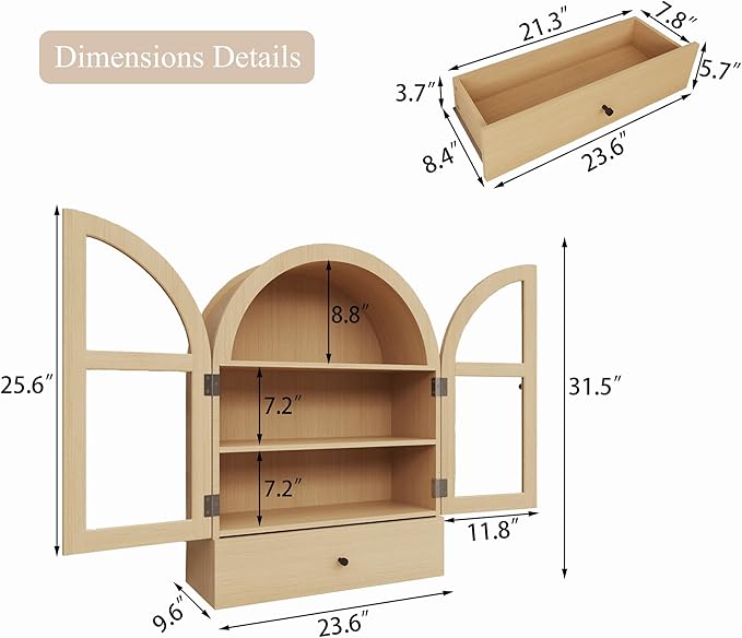 BOSHIRO Arched Bathroom Wall Cabinet with Drawer,Over The Toilet Storage Cabinet, Medicine Cabinet with Glass Door for Living Room, Kitchen（Natural Wood Color）