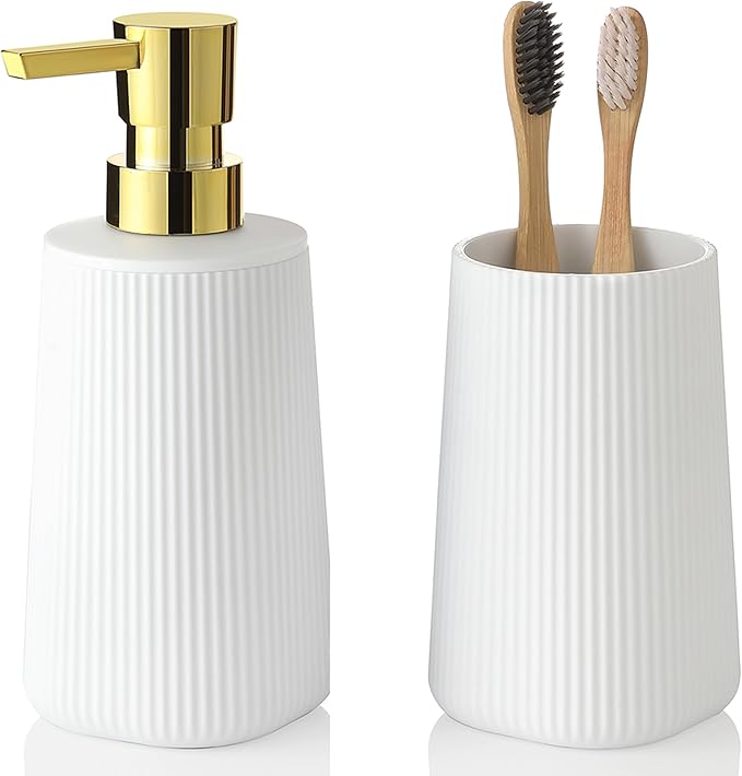 YAUKPH Bathroom Accessories Set 2 Piece Soap Dispenser and Toothbrush Holder for Bathroom Countertop Striped White and Gold