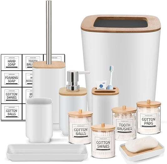 IMAVO 11 Piece White Bathroom Set, Trash Can, Toilet Brush, Storage Tray, Complete Bathroom Accessories Organization Kit for Bathroom Décor and Home Gifts
