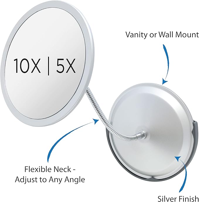 Double Vision™ Gooseneck Vanity/Wall Mount Mirror 5X/10X Magnification, Made in the USA