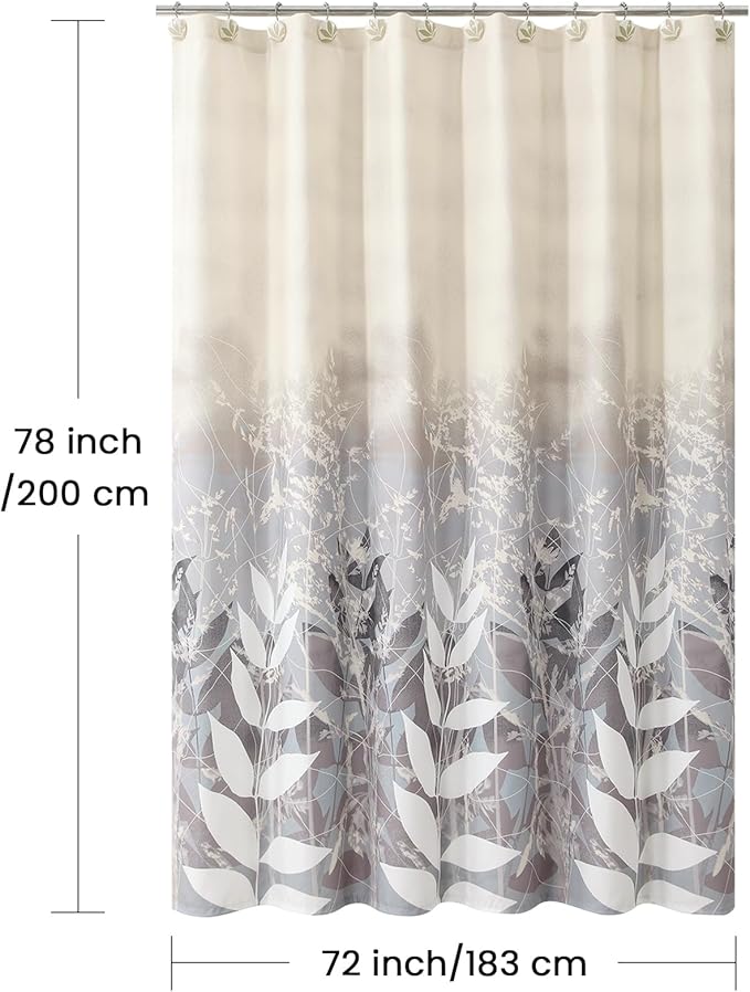 Long Shower Curtain 72x78 Inch, Polyester Fabric | Waterproof Botanical Design with Cream & Taupe-Grey Leaves