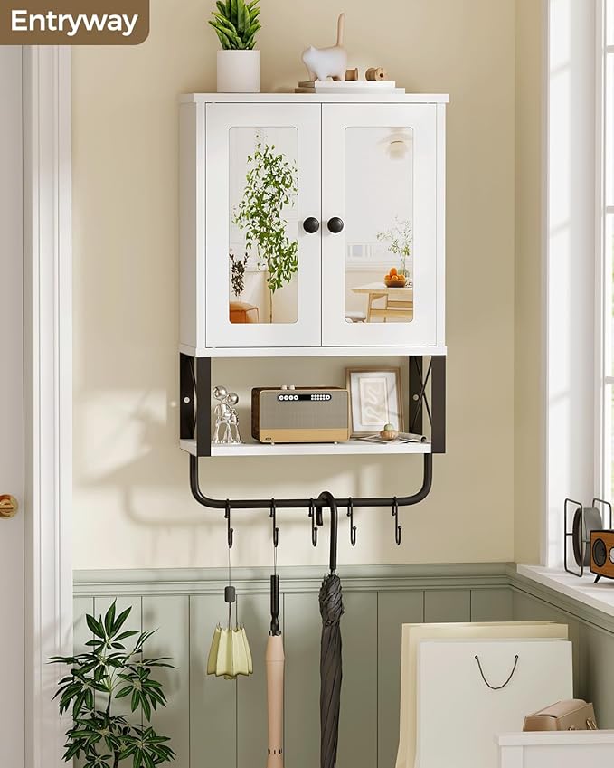 BEWISHOME Medicine Cabinet, Bathroom Wall Cabinet with Mirror, Wall Mounted Over The Toilet Storage Cabinet with Towel Bar and Adjustable Shelf, for Bathroom, 7.1" D x 15.4" W x 24.4" H, White YYG10W