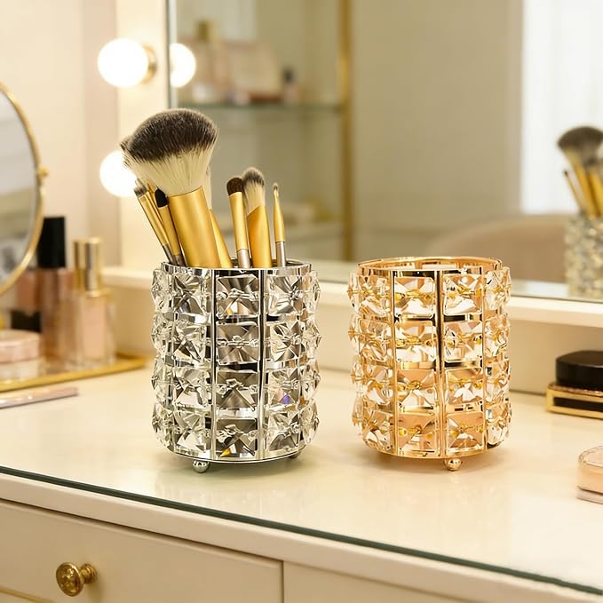 Makeup Brush Holder Organizer Crystal Bling Cosmetic Storage Box for Brushes, Combs & Pens, Candle Holder Container???Silver???