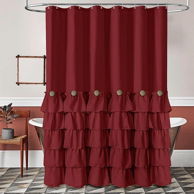Seasonwood Burgundy Shower Curtain with Nature Buttons Ruffle Shower Curtains Farmhouse Shower Curtain for Bathroom 72" W x 78" L,Burgundy/Red