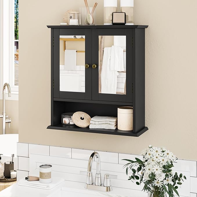 Bathroom Wall Cabinet, Black Bathroom Cabinet with 2 Mirror Doors and Adjustable Shelf, Wall-Mounted, Medicine Cabinet, 21.5" W x 7.8" D x 23.6" H