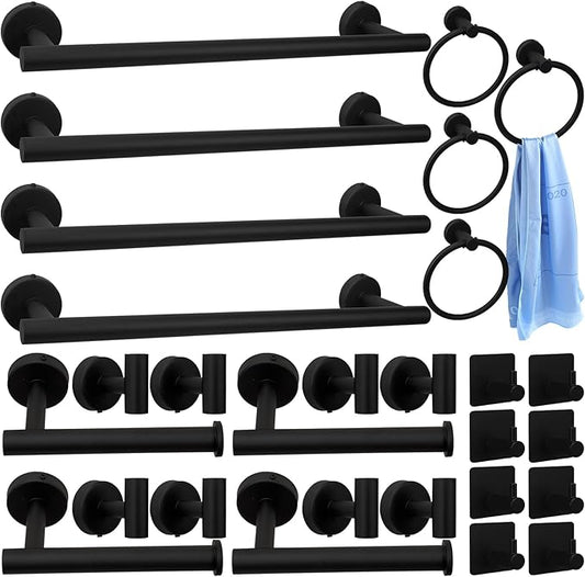 Blulu 28 Pcs Bathroom Hardware Set Stainless Steel Bathroom Accessories Set, Including 16'' Bath Towel Bar, Towel Rings, Robe Hooks, Toilet Paper Holders, Wall Mounted (Matte Black)