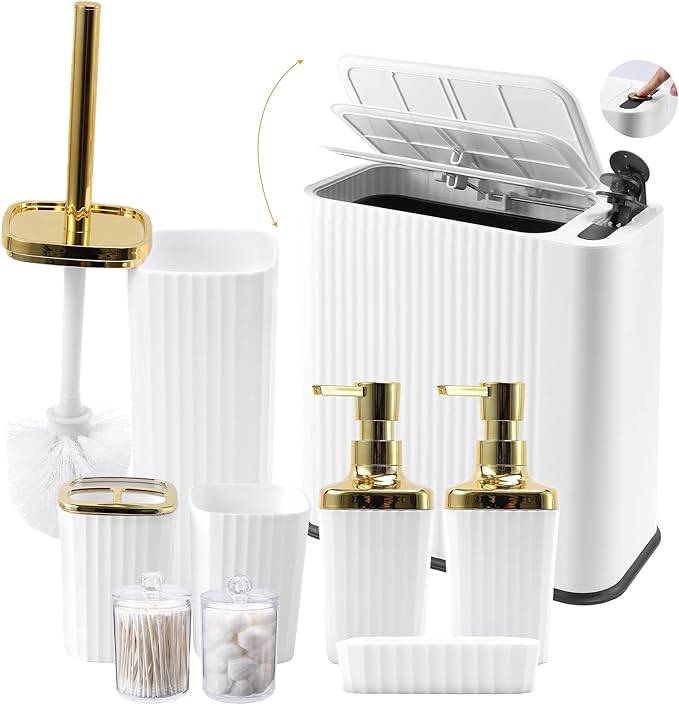 XLHOMO 9-Piece White Bathroom Accessories Set - Minimalist Matte Stripe Set with Slim Press-Top Trash Can, Soap Dispenser & Toothbrush Holder - Aesthetic Apartment Essentials
