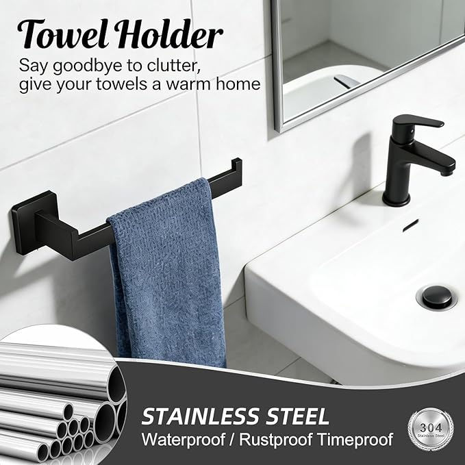 10-Pieces Bathroom Hardware Set Matte Black Bathroom Accessories Set SUS304 Towel Bar Set Includes 2 Towel Bar 16 Inch+2 Towel Holder+2 Toilet Paper Holder+4 Towel Hooks(10, Matte Black)