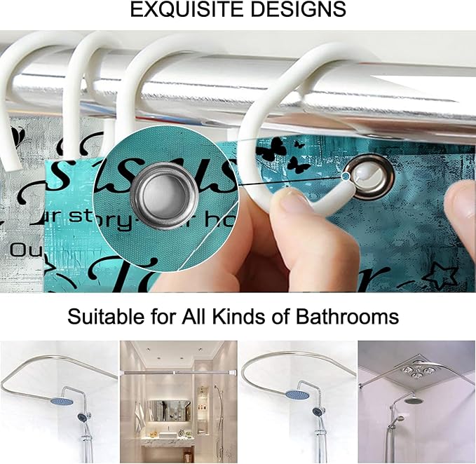 Lnond 4Pcs Bathroom Shower Curtain Sets with Rugs, Turquoise Motivational Home Family Bathroom Sets with Shower Curtain and Rugs and Accessories