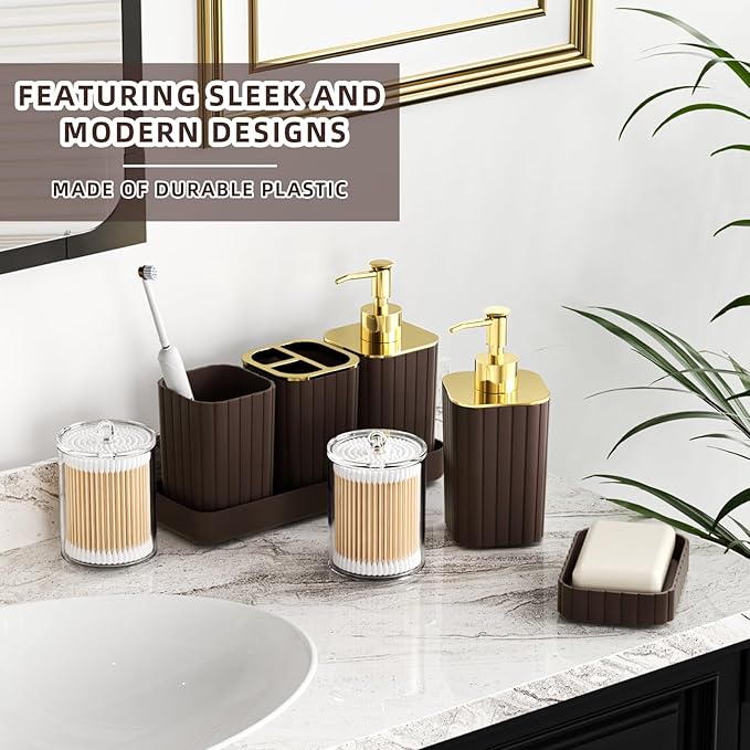 XLHOMO Bathroom Accessories Set - Gorgeous Bathroom Set, 10PC Brown Bathroom Accessories, Bathroom Accessory Set, Toilet Brush, Trash Can, Qtip Holder Dispenser & Soap Dispenser