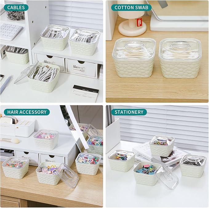 FABROK 4 Pack Hair Accessory Organizer, Clear Hair Tie Holder with Lids, Desk Organizer Case for Hair Tie, Cotton Swab, Cables, Stationery(Cream)