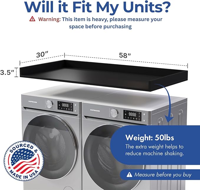 OfficeSimpli Washer Dryer Countertop, Made in USA, Non-Slip Pads, Laundry Room Wood Topper, Washer Dryer Cover for Top, Laundry Countertop, Laminate Finish (Black, Large (30" x 58"))