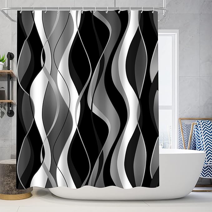 Nkzply 4 Pcs Black and White Striped Shower Curtain Set Black and Grey Bathroom Sets with Shower Curtain and Rugs Modern Home Bathroom Decor Shower Curtains with Rugs and Toilet Lid Cover