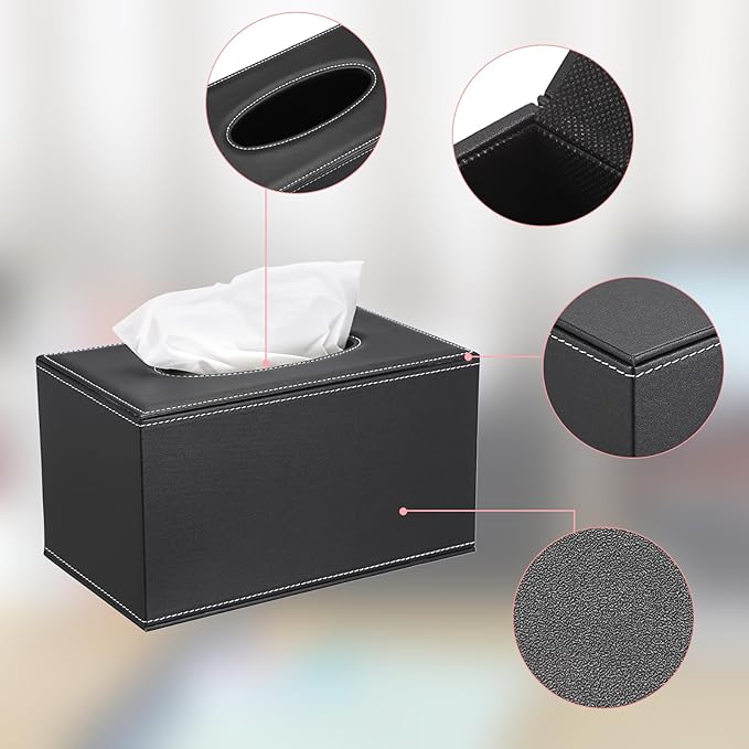 Sumnacon Tissue Box Cover Rectangle Leather Tissue Box with Magnetic Bottom,PU Tissue Box Holder Decorative Black Tissue Cover for Bathroom Toilet Bedroom Kitchen Office Table Desk, Large