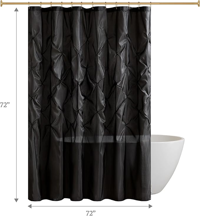 Madison Park Laurel Semi-Sheer Black Shower Curtain – Lightweight Faux Silk Fabric, 72x72 in, Light Filtering, Modern Style Bathroom Curtain Textured Tufting Detail Modern Mid-Century Bathroom Decor