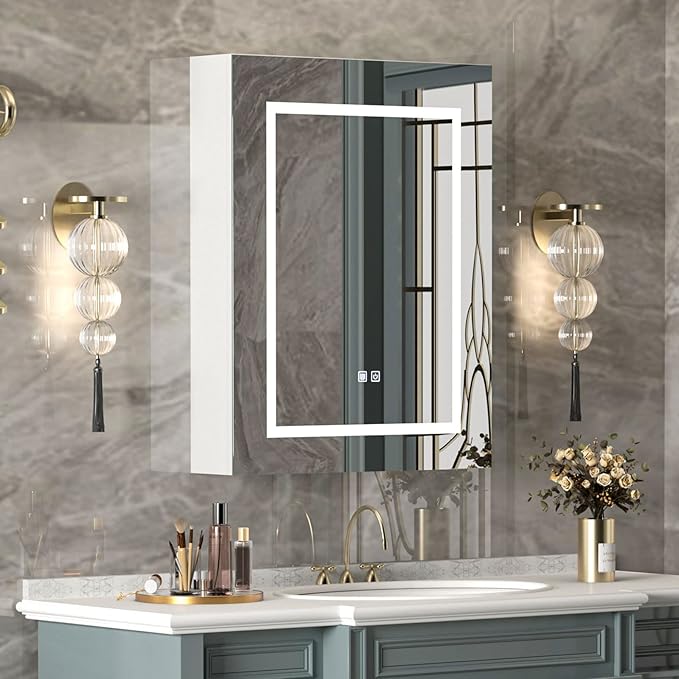 Lighted Medicine Cabinet with Mirror,3-Color Control,Mirror Medicine Cabinet with Storage Wall Mounted,Surface Mount Mirror Cabinet with Defogging,24x30 Inch