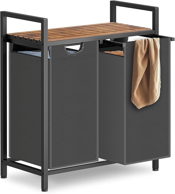 Sonharlar Laundry Hamper, Laundry Sorter with 2 Pull-Out Removable Oxford Fabric Bags Cloth Laundry Basket 2 x 10 Gallons (Grey and Rustic Brown)