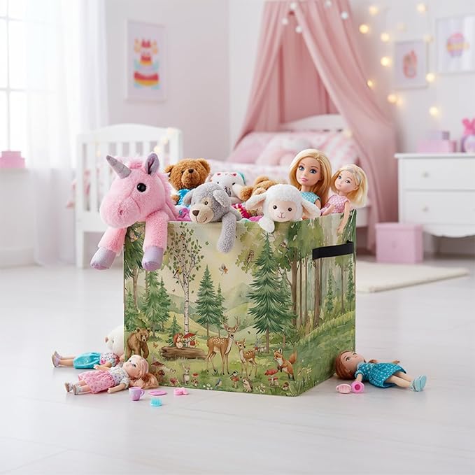 Forest Animal Nursery Storage Bin Box with Handles, Rustic Botanical Wild Animal Foldable Baskets Organizer for Kids Room Nursery Bathroom Clothes Toys Books, Toybox for Boys Girls