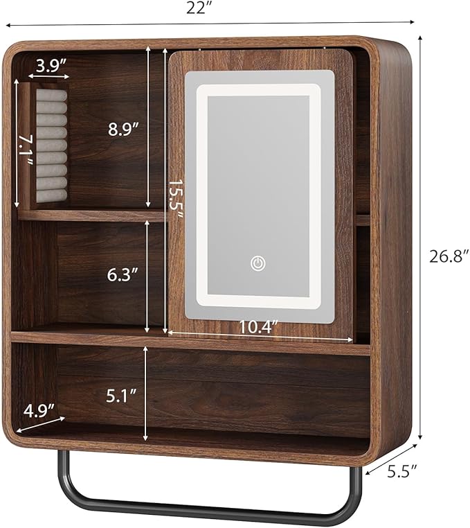 QUW Modern Bathroom Wall Cabinet, Medicine Cabinets with Mirror, Over The Toilet Storage Cabinet for Bathroom, Towel Bar, Sliding Door, 3 Lighting Modes, Adjustable Brightness, Dark Walnut