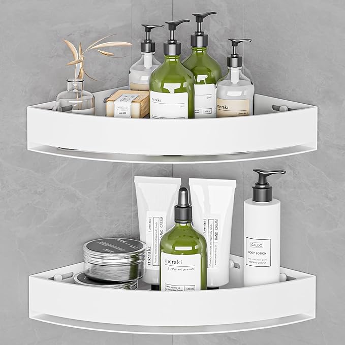 Wisfame Aluminium Shower Corner Shelves - Rustproof Shower Caddy No Drilling Installation Shampoo Holder, White Shelves for Wall for Bathroom Storage,Holds 20LB