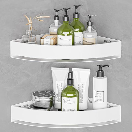 Wisfame Aluminium Shower Corner Shelves - Rustproof Shower Caddy No Drilling Installation Shampoo Holder, White Shelves for Wall for Bathroom Storage,Holds 20LB