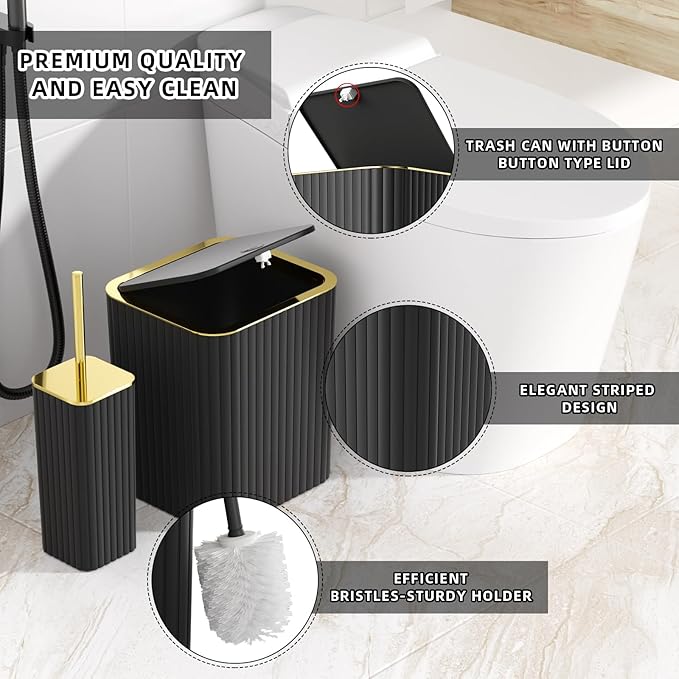 XLHOMO Bathroom Accessory Set - 26PC Bathroom Shower Curtain and Rug Set, Bathroom Accessories Set, Black Bathroom Set with Trash Can, Toilet Brush, Qtip Holder & Soap Dispenser
