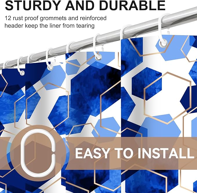 Muuyi 4Pcs Blue White Geometric Shower Curtain Set, Neutral Modern Art Deco Shower Curtain with Hooks, Elegant Trendy Simple Bathroom Sets with Shower Curtain and Rugs, 71 * 71in