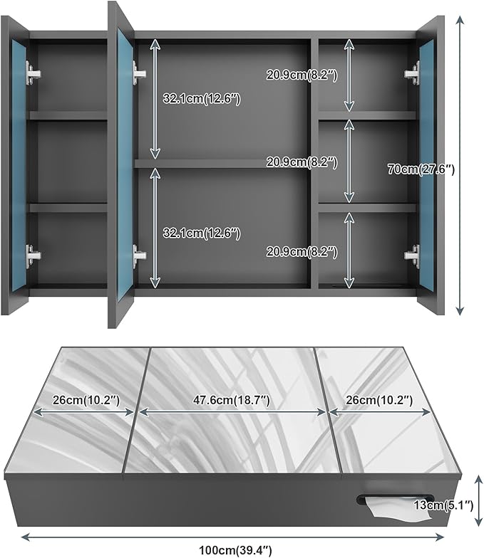 28x40 Inch Bathroom Medicine Cabinet with Mirror, Pre-Assembled Bathroom Medicine Cabinets, Surface/Recessed Wall Mounted Farmhouse Large Medicine Cabinet, Black