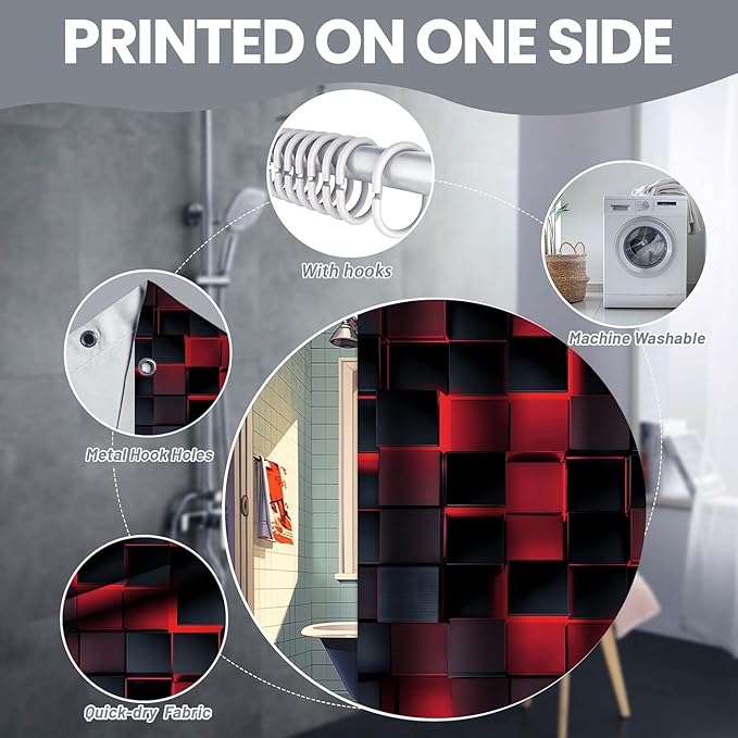 3D Cubes Shower Curtain，Red Black Shower Curtains for Bathroom，Modern Bathroom Shower Curtain，Washable Fabric Bath Curtain 72''x72''