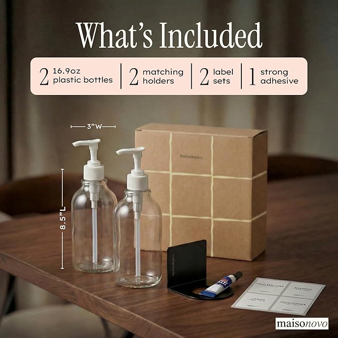Shampoo and Conditioner Dispenser Wall Mounted Set of 2 Clear - No Drill Shower Soap Dispenser for Bathroom Refillable - Spa Hotel Style Accessories by MaisoNovo