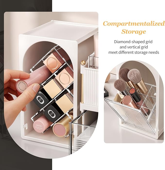 Seoneiro Makeup Organizer with Drawers, Cosmetic Storage for Dresser Countertop and Bathroom Vanity, Beauty Holder for Lipstick Brush Skincare Display case (Milky White + Transparent)