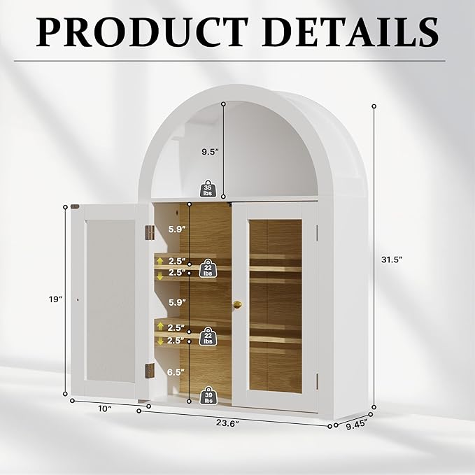 BREEZEHEAT Arched Medicine Cabinet with Glass Doors, Adjustable Shelf, Wall Mounted Bathroom Storage Cabinet Over Toilet, Smooth Glossy White, 23.6''W × 31.5''H