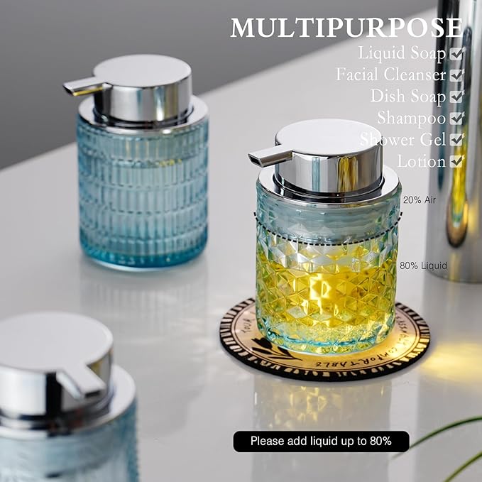 CICUFY Hand Soap Dispenser Glass, Refillable Liquid Dispenser for Bathroom & Kitchen,Lotion Dispenser with Large Silver Pump（Diamond Pattern-Blue）