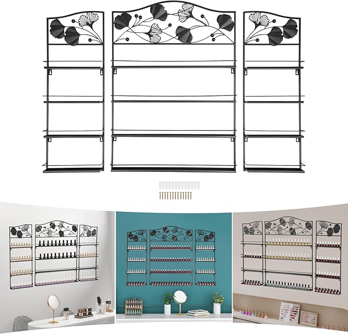 3PCS Metal Nail Polish Racks, Nail Polish Wall Organizer 4 Tiers Leafage Shape Display Rack Wall Mounted Display Case for Home Spa Nail Salon Shop-Black