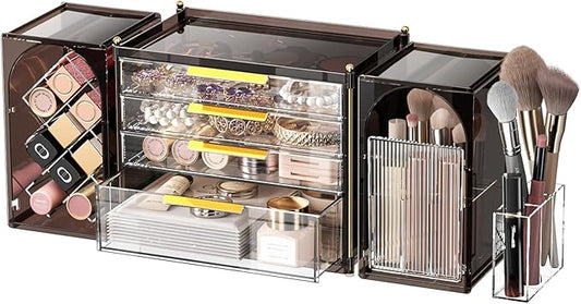 4-Tier Drawer Makeup Organizer, 3-in-1 Free Combination Cosmetic Storage with Lipstick Holder & Brush Rack, Skincare Organizer with Mini Tray for Vanity Bathroom Bedroom Dorm