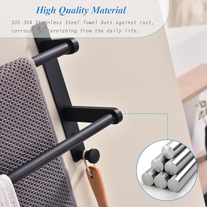Matte Black Double Towel Rack with Hooks for Bathroom, 24 Inch Stainless Steel Wall Mounted Towel Bar Holder