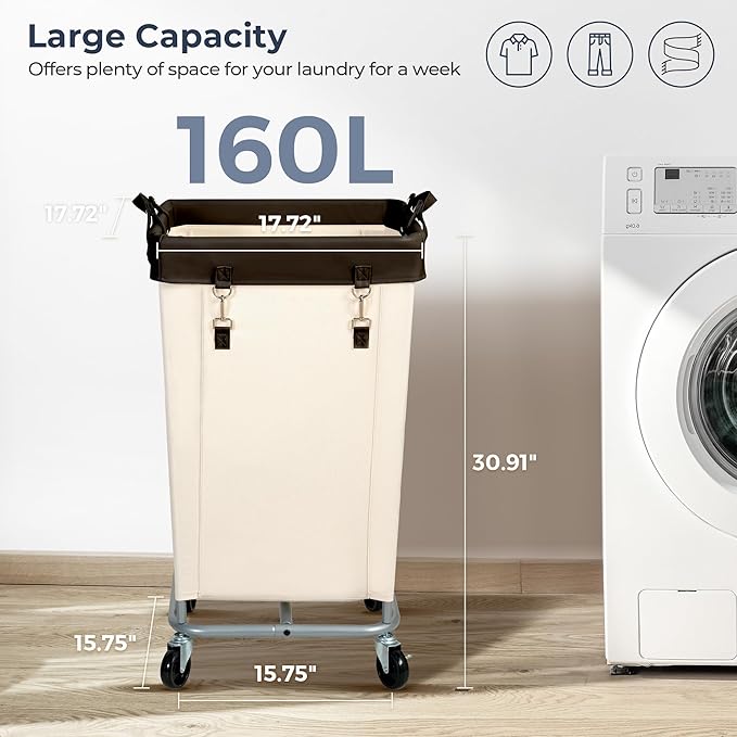 STO STO Laundry Hamper with Wheels, 160L Rolling Laundry Sorter Cart with Heavy Duty Steel Frame, Large Clothes Hamper with Handles for Bedroom, Bathroom, Laundry Room, Beige and Brown