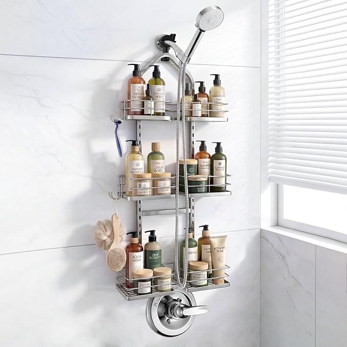 Adjustable Hanging Shower Caddy for Handheld Showerhead, 3-Tier Rustproof Shower Rack Baskets, Anti-Swing Hanging Shower Organizer for Bathroom Storage with 2 S-Hooks, Large Capacity, Silver