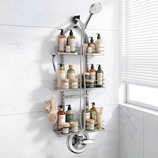 Adjustable Hanging Shower Caddy for Handheld Showerhead, 3-Tier Rustproof Shower Rack Baskets, Anti-Swing Hanging Shower Organizer for Bathroom Storage with 2 S-Hooks, Large Capacity, Silver