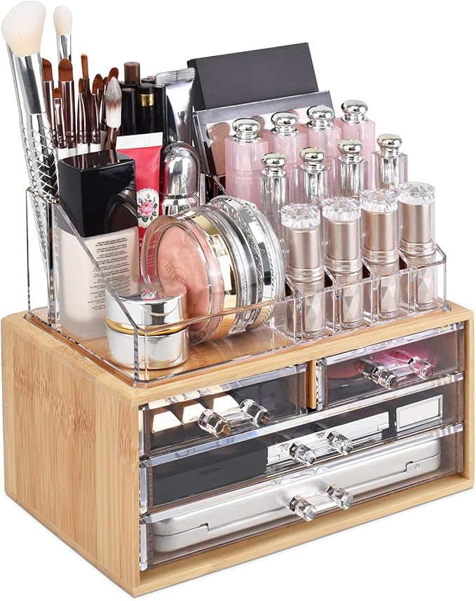 Ikee Design Bamboo Acrylic Makeup Organizer with 4 Drawers and Removable Top Lipstick Holders, Ideal for Make-up or Accessories,Enhance Your Vanity or Bathroom with Clear Design for Quick Visibility