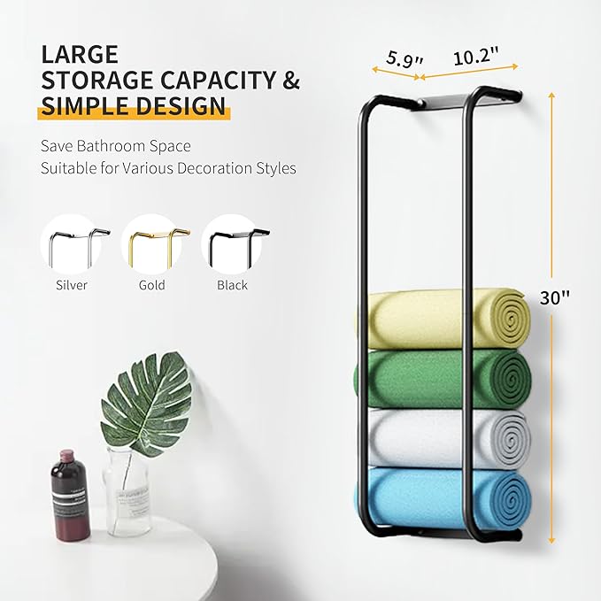 Towel Racks for Bathroom, 304 Stainless Steel Towel Rack Wall Mounted, Bathroom Towel Holder with Hooks, Towel Holder for Bathroom Wall for Storing Towels, Robes, Black