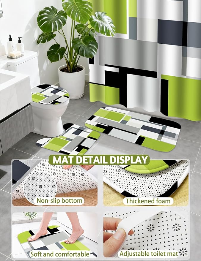 Lnond Green Bathroom Set, 22-Piece Green Black Geometry Bathroom Decor Set with with Shower Curtain and Rugs, Trash Can, Toilet Brush Holder Set & Soap Dispenser