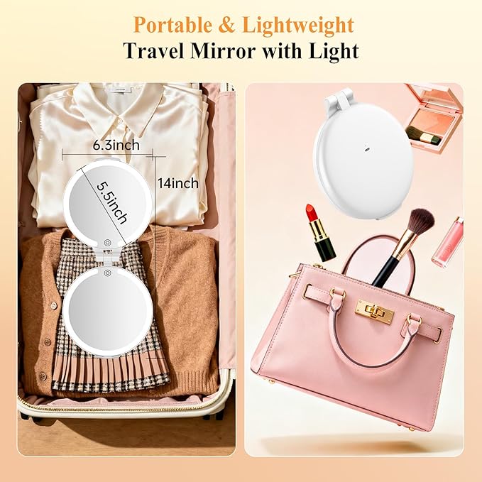 FUNTOUCH Rechargeable Travel Makeup Mirror 30X Magnification, 7" Lighted Portable Vanity Mirror with 3 Colors Lighting & Stepless Dimming, Double Sided LED Mirror, Gift for Women,White