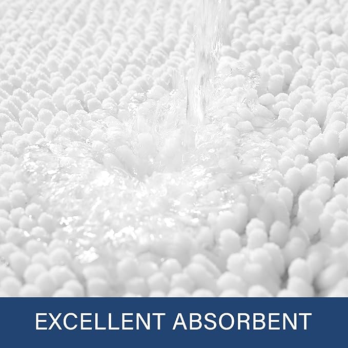 LOCHAS Luxury Bathroom Rug Shaggy Bath Mat 24 x 60 Inch, Washable Non Slip Bath Rugs for Bathroom Shower, Soft Plush Chenille Absorbent Carpets Mats, White