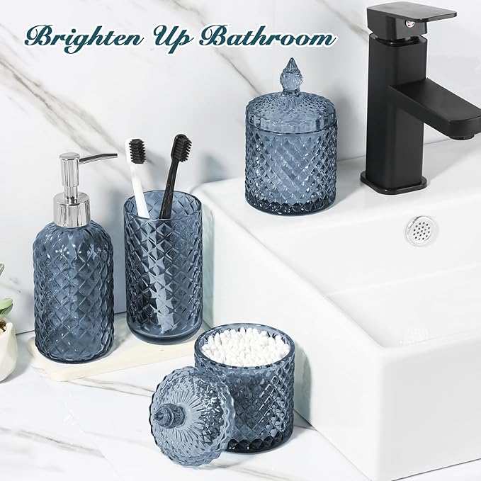 RYTOXILO Blue Bathroom Accessories Set, 4 Pack Light Blue Bathroom Decor Accessory Sets Complete, Diamond Glass Soap Dispenser and Toothbrush Holder Set for Bath Counter Organizer Essentials