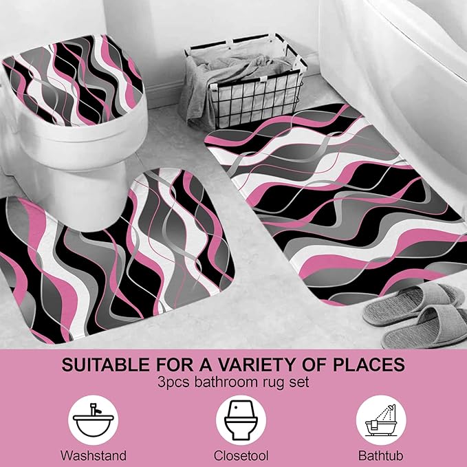 BEIFIVCL 4Pcs Pink Shower Curtain Sets with Non-Slip Rugs, Toilet Lid Cover and Bath Mat, Black and Gray Bathroom Decor Set Accessories Fabric Waterproof Shower Curtains with 12 Hooks, 72 x 76 Inch